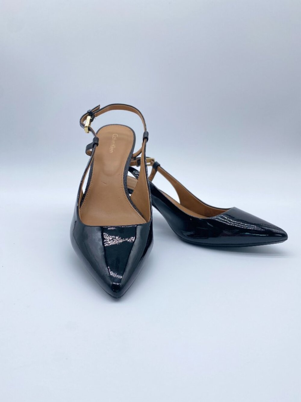 Calvin Klein Patsi Black Patent Pointed Toe Kitten Heel Slingback Pumps 9.5